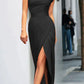 Amanda - Elegant evening dress with slanted collar and slit