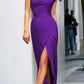 Amanda - Elegant evening dress with slanted collar and slit