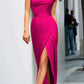 Amanda - Elegant evening dress with slanted collar and slit