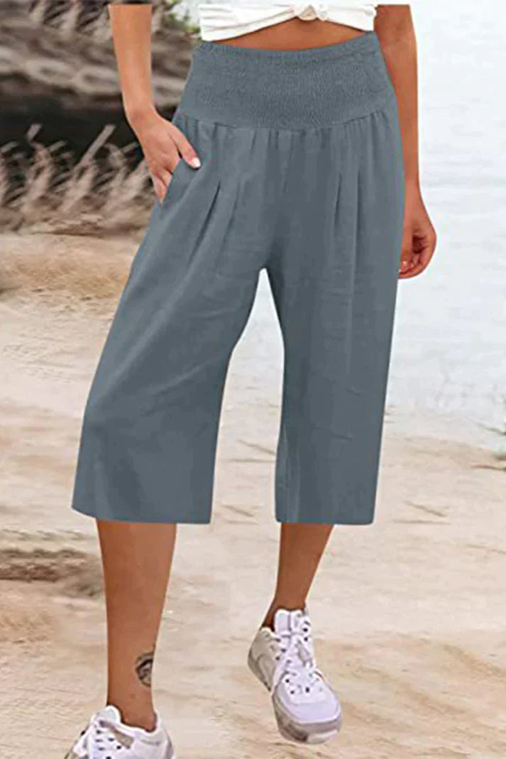 Amelyn - Simple high waisted wide leg trousers, solid colour, mid length