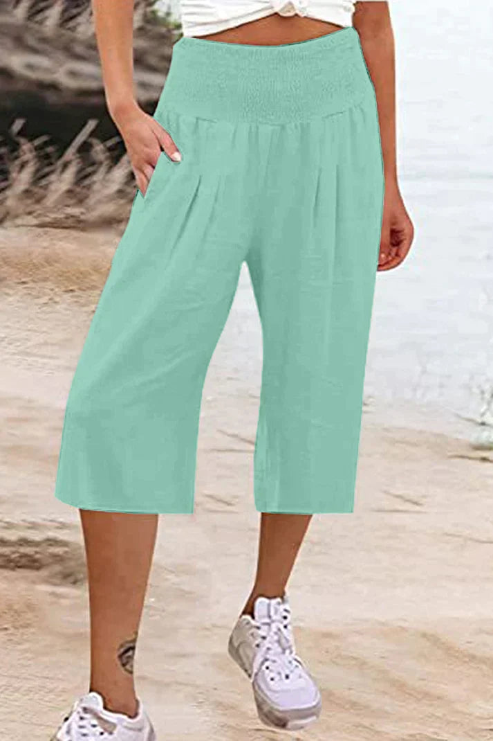 Amelyn - Simple high waisted wide leg trousers, solid colour, mid length