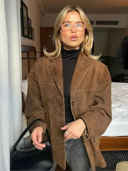 Oversized Brown Suede Trenchcoat with Wide Lapel