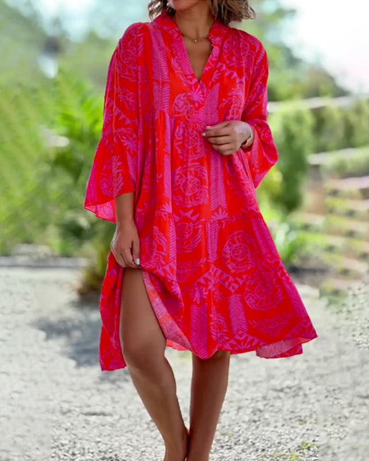 Stylish V-Neck Dress for Women with Flared Sleeves - Sorynea