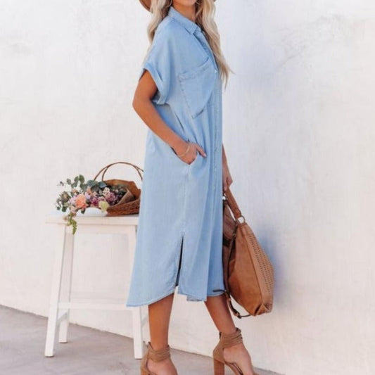 Grace - Denim Shirt Dress with Short Sleeves