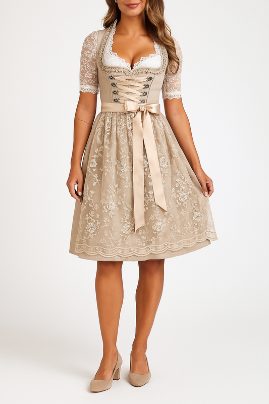 Women's Dirndl Traditional Dress: Elegant Midi Dirndl with Embroidery, Lace, and Apron