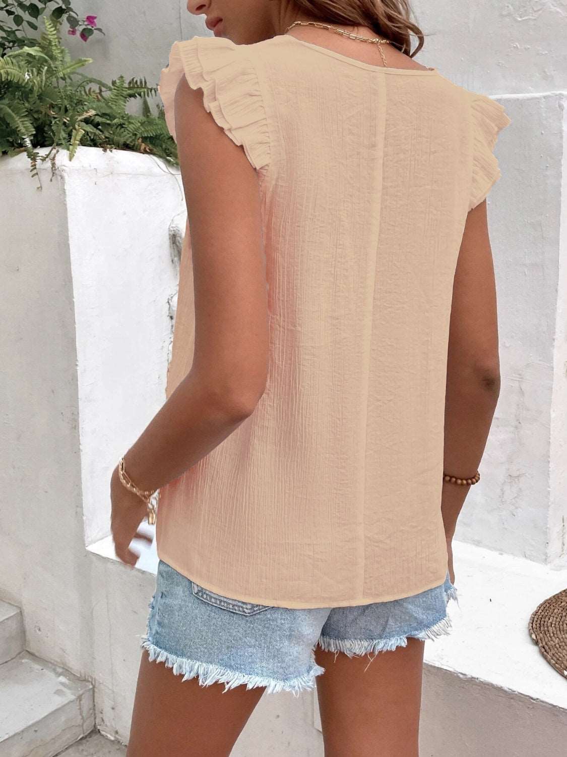 Maja | Ruffled V-Neck Blouse - Cap Sleeve Women's Top