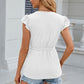 Leimomi | Button Eyelet Notched Cap Sleeve Women's Blouse - Stylish & Feminine Top