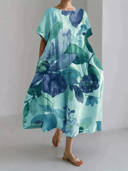 Andria - Loose-fitting women's dress with a botanical floral motif