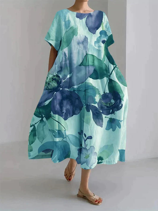 Andria - Loose-fitting women's dress with a botanical floral motif