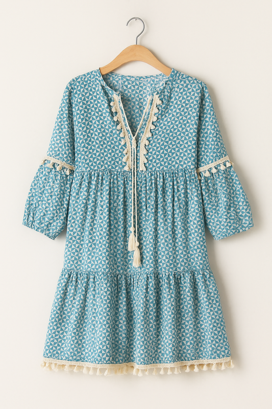 Boho Strand Dress for Women – Summer Mini Dress with Tassels, Pattern Print, and 3/4 Sleeves for Vacation and Leisure
