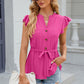 Leimomi | Button Eyelet Notched Cap Sleeve Women's Blouse - Stylish & Feminine Top