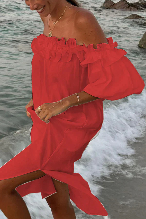 Jamila - Linen dress with ruffles off the shoulder