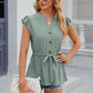 Leimomi | Button Eyelet Notched Cap Sleeve Women's Blouse - Stylish & Feminine Top