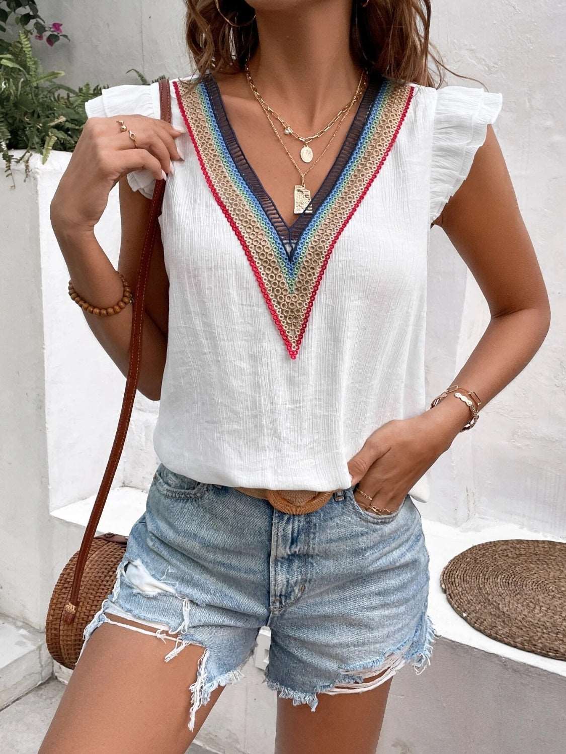Maja | Ruffled V-Neck Blouse - Cap Sleeve Women's Top