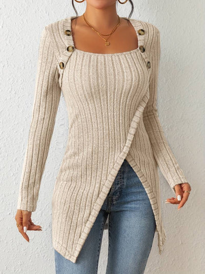 Catherine - Square Neck Sweater with Long Sleeves and Side Split