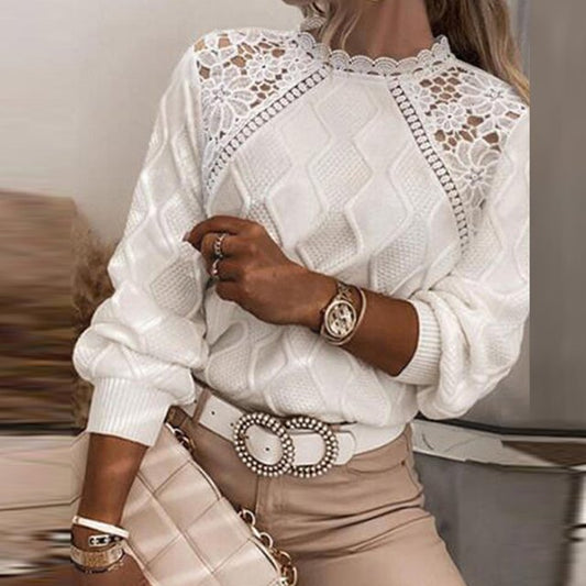Sara - Elegant sweater with lace embroidery and hem stitch