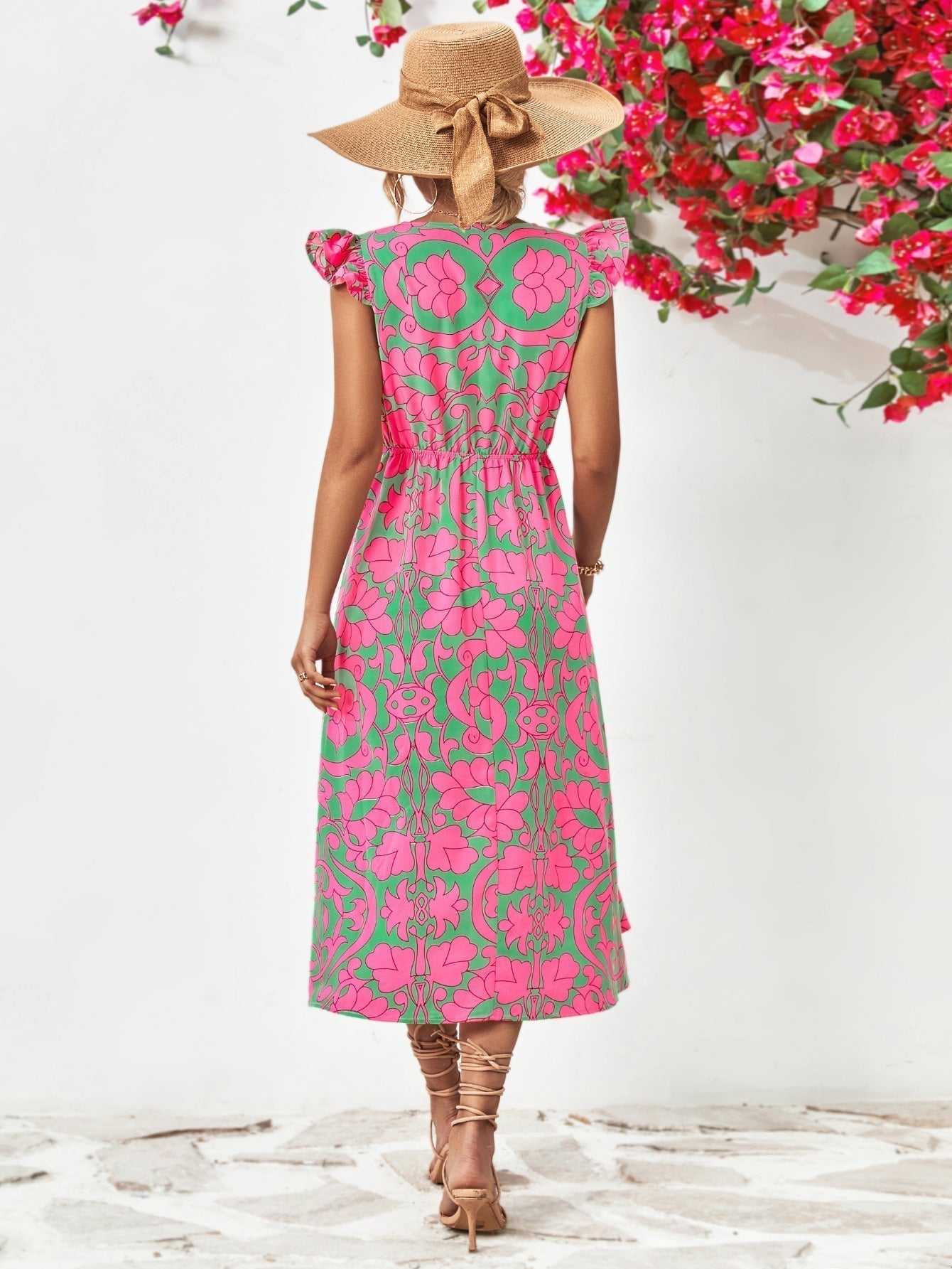 WENNY - Short sleeve dress with floral V-neck