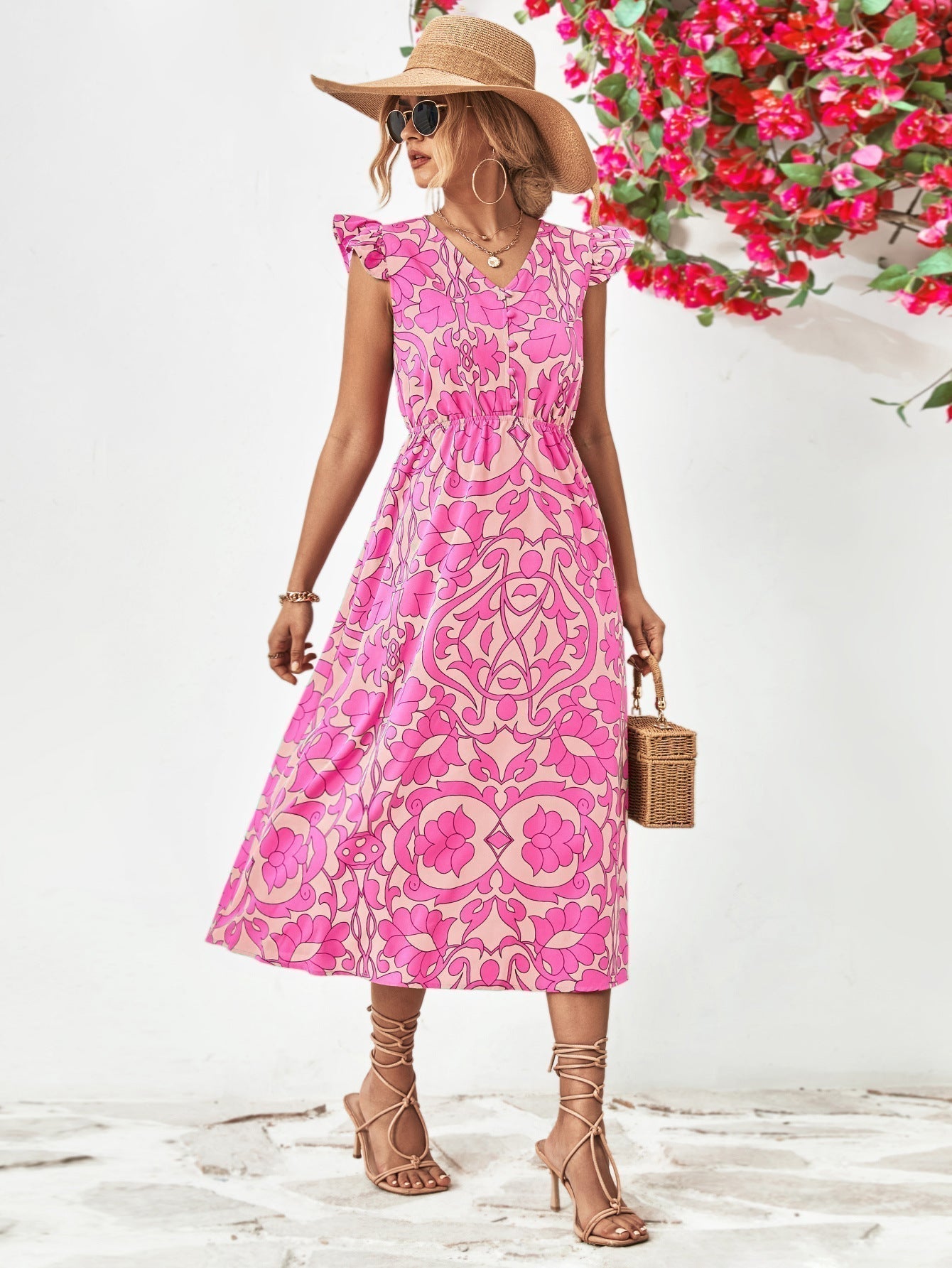 WENNY - Short sleeve dress with floral V-neck
