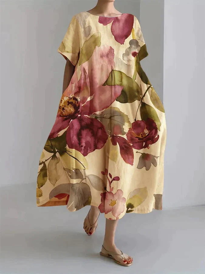 Andria - Loose-fitting women's dress with a botanical floral motif