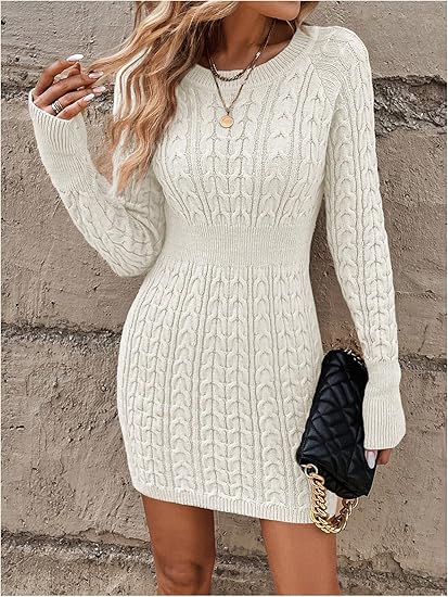 Dolores - Long Sleeve Cable Knit V-Neck Mini Dress