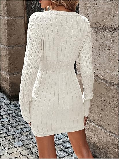 Dolores - Long Sleeve Cable Knit V-Neck Mini Dress