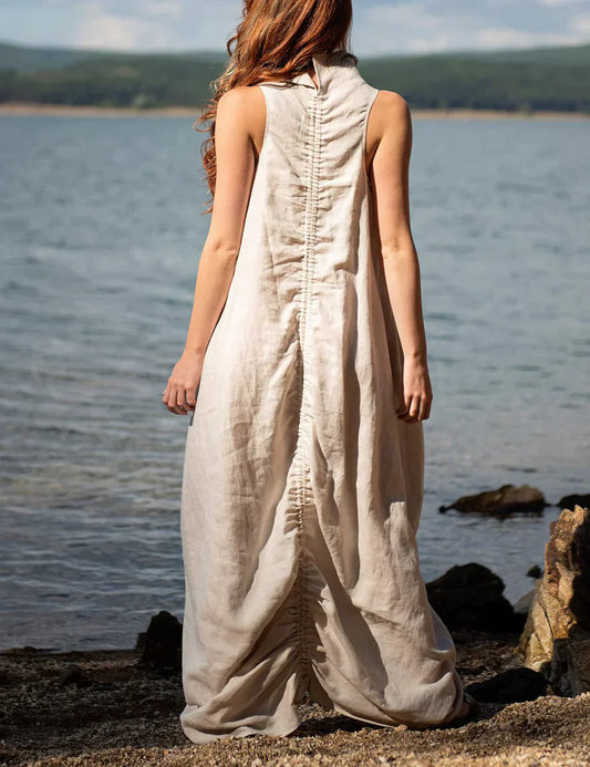 Stacey - Linen Maxi Dress with Ruffles, Stand-Up Collar and Back
