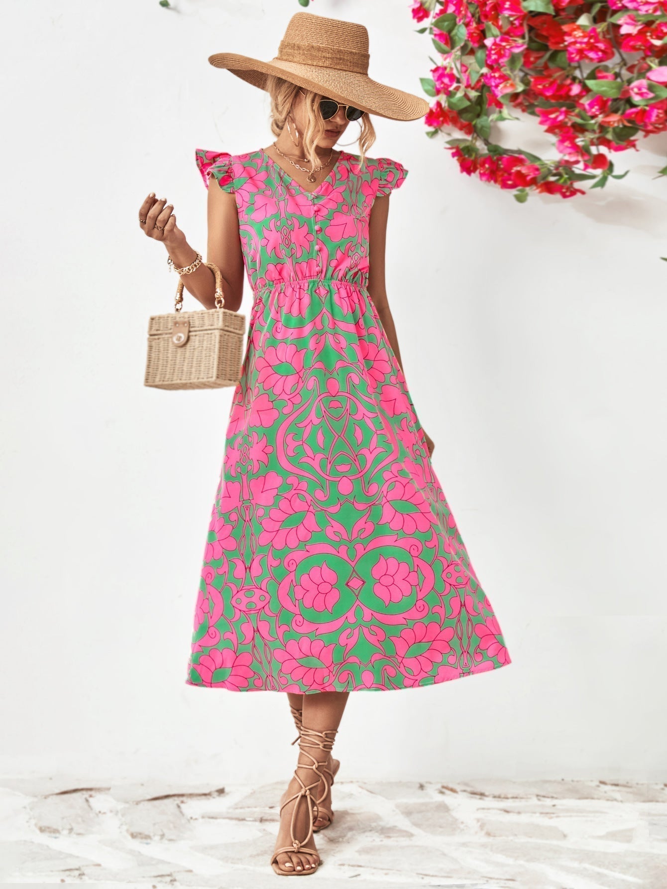 WENNY - Short sleeve dress with floral V-neck