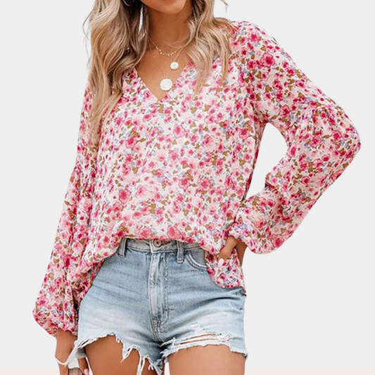 Nirmani | V-Neck Chiffon Blouse With Lantern Sleeves - Stylish & Lightweight