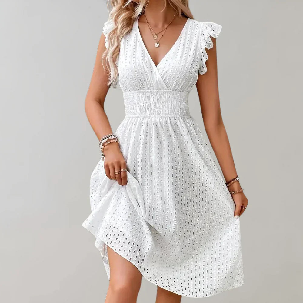 Brionelle – Cotton dress with V-neck and ruffle sleeves