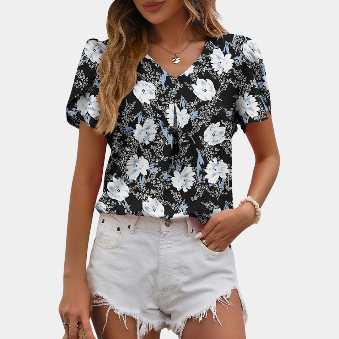 Lucija | Chiffon Flower Blouse - V-Neck Women's Top