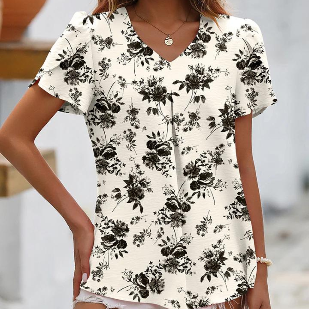 Lucija | Chiffon Flower Blouse - V-Neck Women's Top