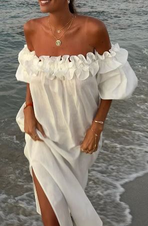 Ruby - Off-the-shoulder ruffled midi dress with puff sleeves and pockets
