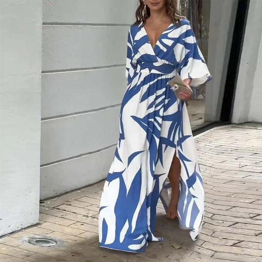 Emma – Blue Printed Maxi Dress with 3/4 Sleeves