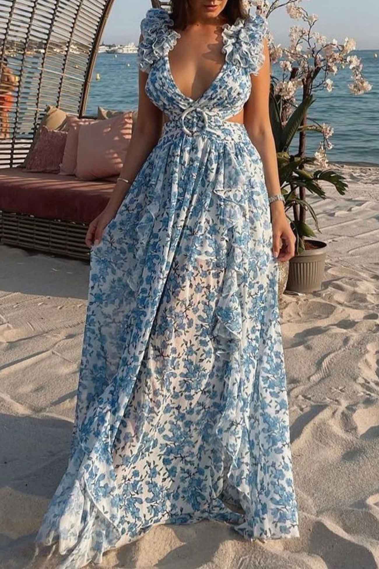 Women's Sleeveless Maxi Dress with Floral Pattern for Summer