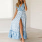 Marie - Elegant summer maxi dress with ruffles, short sleeves and a deep V-neckline