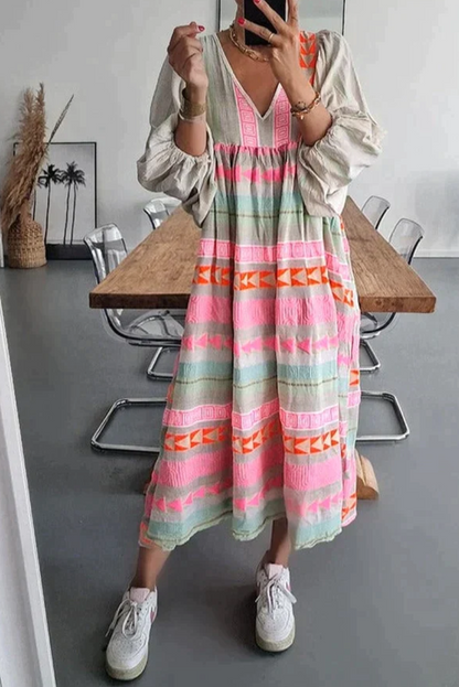 Boho Maxi Dress with Ethnic Pattern – Breezy V-Neck Dress with Wide Sleeves for Women