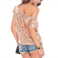 Trendy Shoulder T-Shirt with Sequins for Summer Nights - GlamGlanz