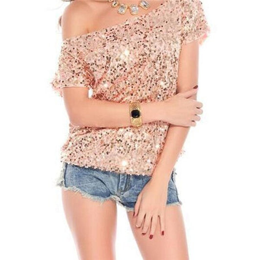 Trendy Shoulder T-Shirt with Sequins for Summer Nights - GlamGlanz
