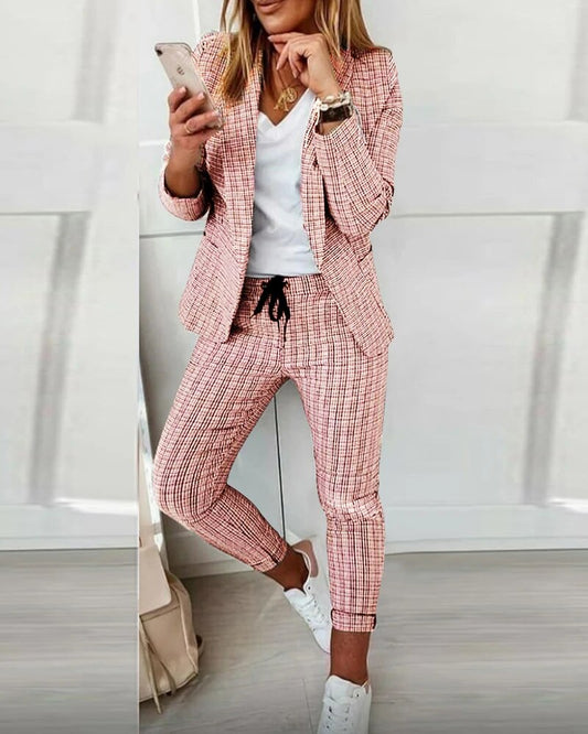 Olivine - Casual Checked Long Sleeve Two Piece Set