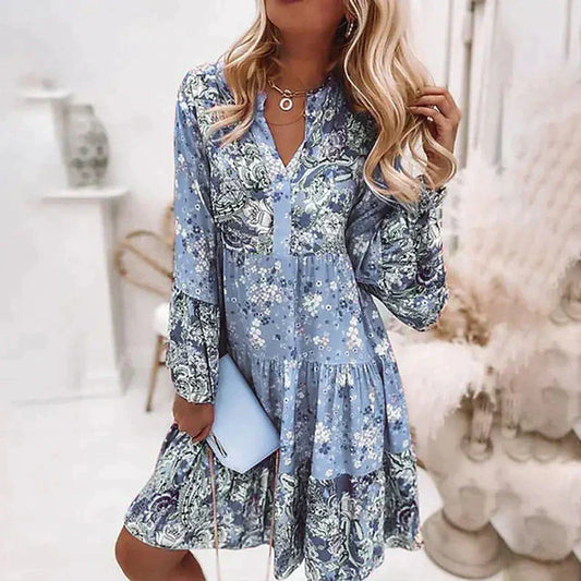 Women's Floral Dress with Long Sleeves – Playful Mini Dress with V-Neck and Tiered Skirt for Spring and Summer