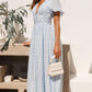 Women's V-Neck Midi Dress with Puff Sleeves for Summer