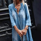 Boho Maxi Dress with V-Neck and Ruffles – Breezy Casual Dress with Tie Closure and 3/4 Sleeves