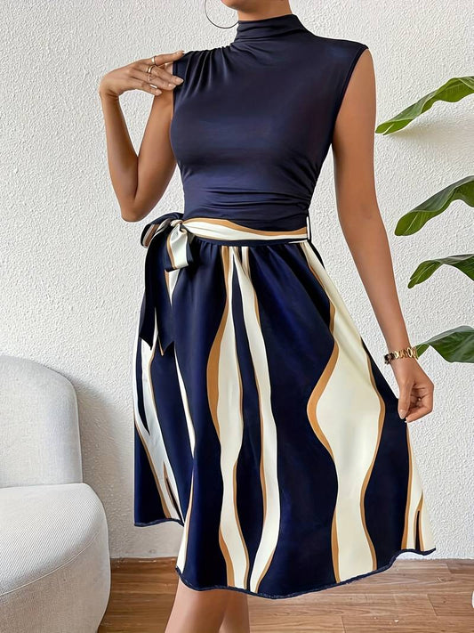 Lucy – Stylish Patchwork Dress with Belt and Striped Print