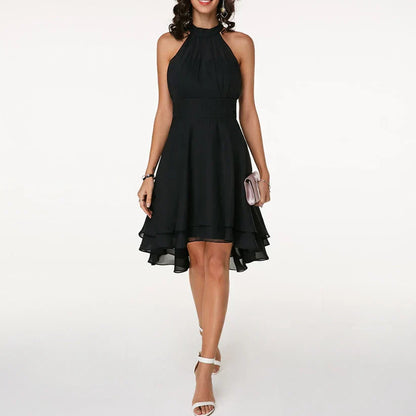 Women's Elegant Cocktail Dress with Neckholder and Ruffle - Sleeveless A-Line Evening Dress for Parties & Events