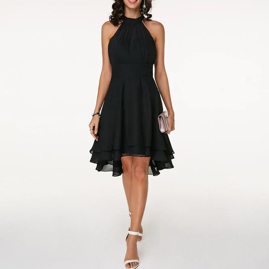 Women's Elegant Cocktail Dress with Neckholder and Ruffle - Sleeveless A-Line Evening Dress for Parties & Events