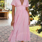 Women's V-Neck Midi Dress with Puff Sleeves for Summer