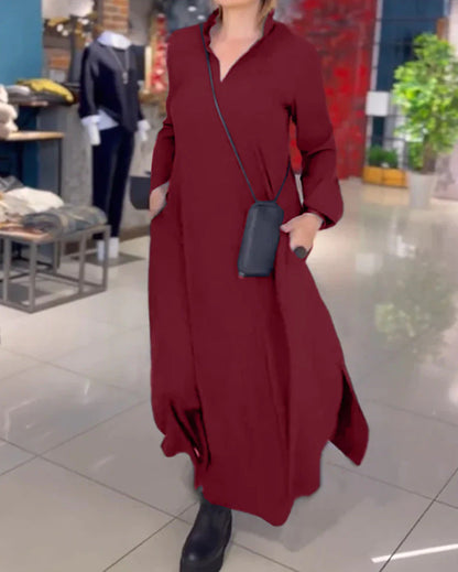 Vina - Casual solid colored dresses with V-neck and long sleeves