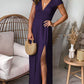 Gwendolyn - Deep V Neck Short Sleeves Pleated High Waist Split Dress Long Dress