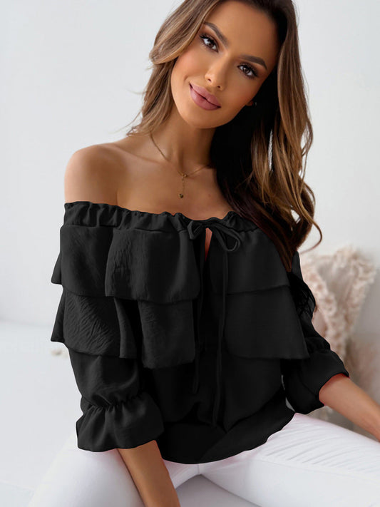 Chathuni | Ruffles Bateau Neck Long Sleeve Blouse - Elegant & Stylish