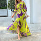 Andrea -Langer printed Damenrock, Laternenärmel, high waist, elegant Kleid with abfallenden Schultern